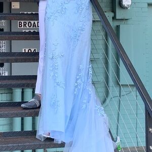 Light blue sparkling prom dress with train